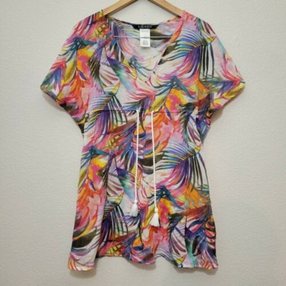 Lauren Ralph Lauren Womens Large Watercolor Tropical Beach Cover Up Tunic Dress